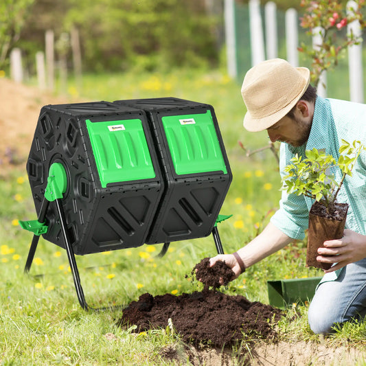 Rotating Composter, Dual Chamber Bin, 24 Vents, Steel Legs, 34.5 Gallon, Green Garden Accessories Green and Black at Gallery Canada