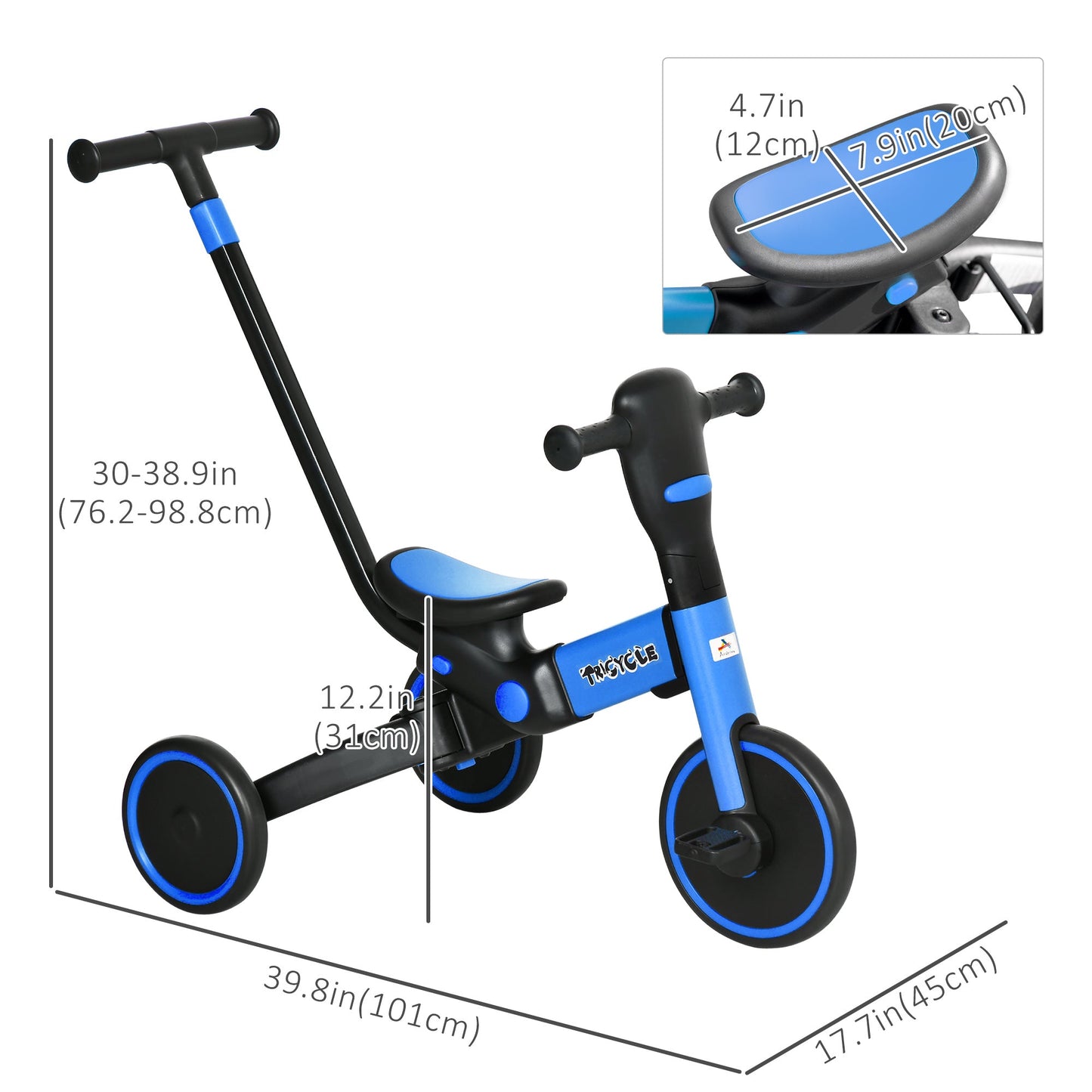 4-in-1 Toddler Tricycle, Kids Trike with Adjustable Push Handle, Detachable Foot Rest for 18-48 Months, Blue at Gallery Canada