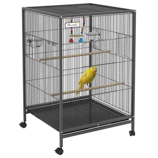 29" Bird Cage for Parrots Lovebirds Budgies Finches, Flight Cage with 5 Doors, Swing, Stainless Steel Bowls, Removable Tray, Wheel, Grey - Gallery Canada