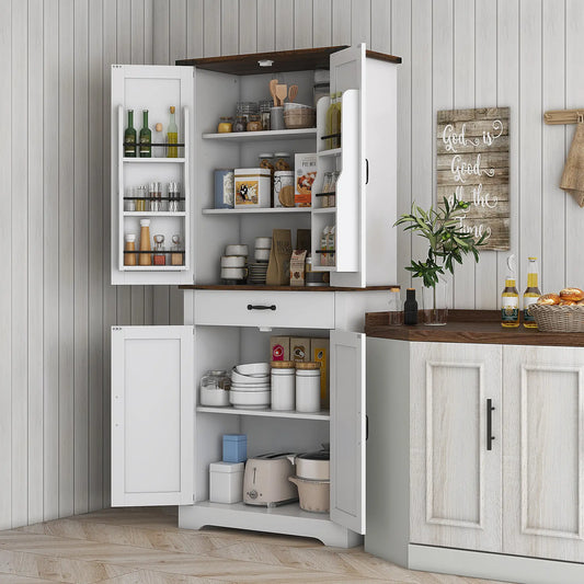 71" Tall Kitchen Cabinet, Farmhouse Pantry with Barn Doors, White Kitchen Pantry Cabinets White, Brown at Gallery Canada