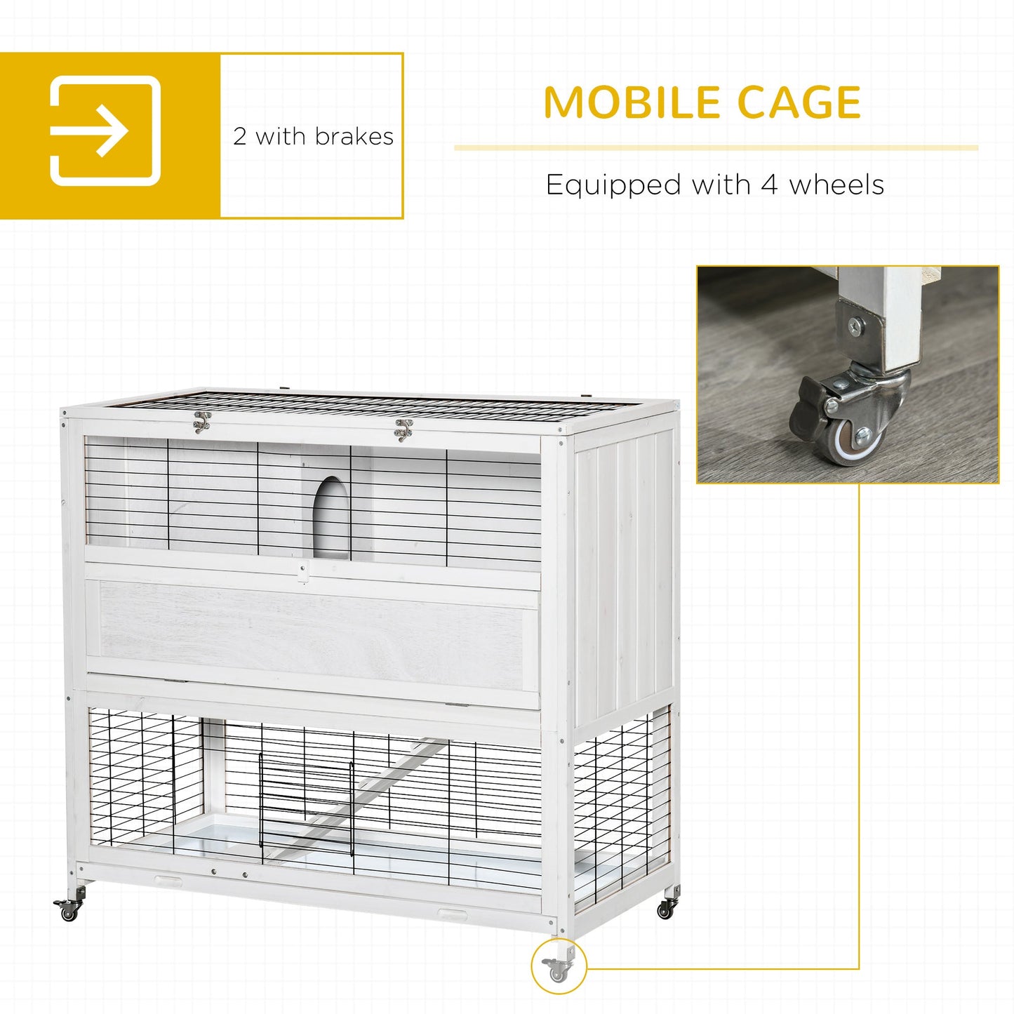 42.5" Wooden Rabbit Hutch Indoor with Wheels, Bunny Cage with Openable Roof, Hut, Slide-out Tray, Ramp, White at Gallery Canada