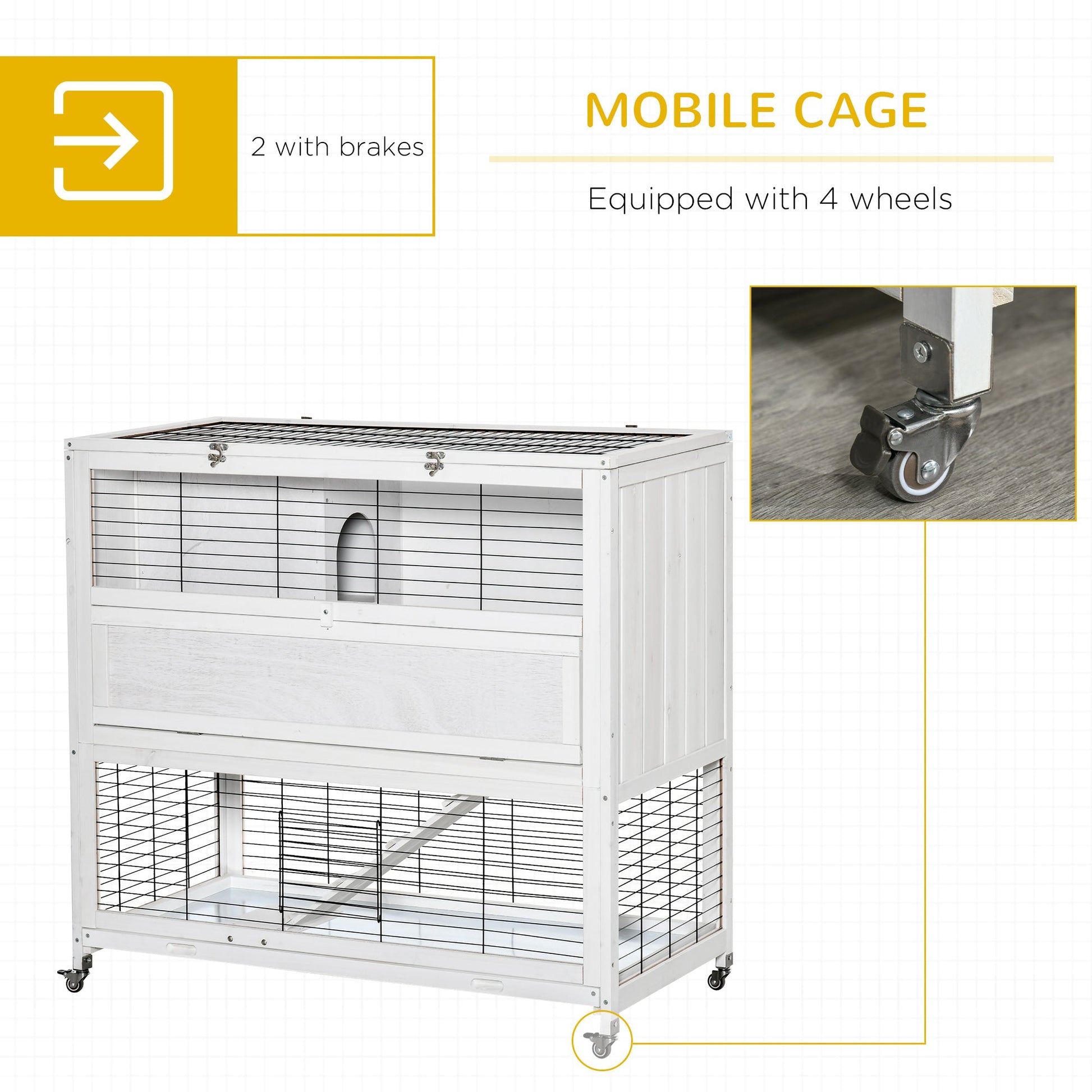 42.5" Wooden Rabbit Hutch Indoor with Wheels, Bunny Cage with Openable Roof, Hut, Slide-out Tray, Ramp, White at Gallery Canada