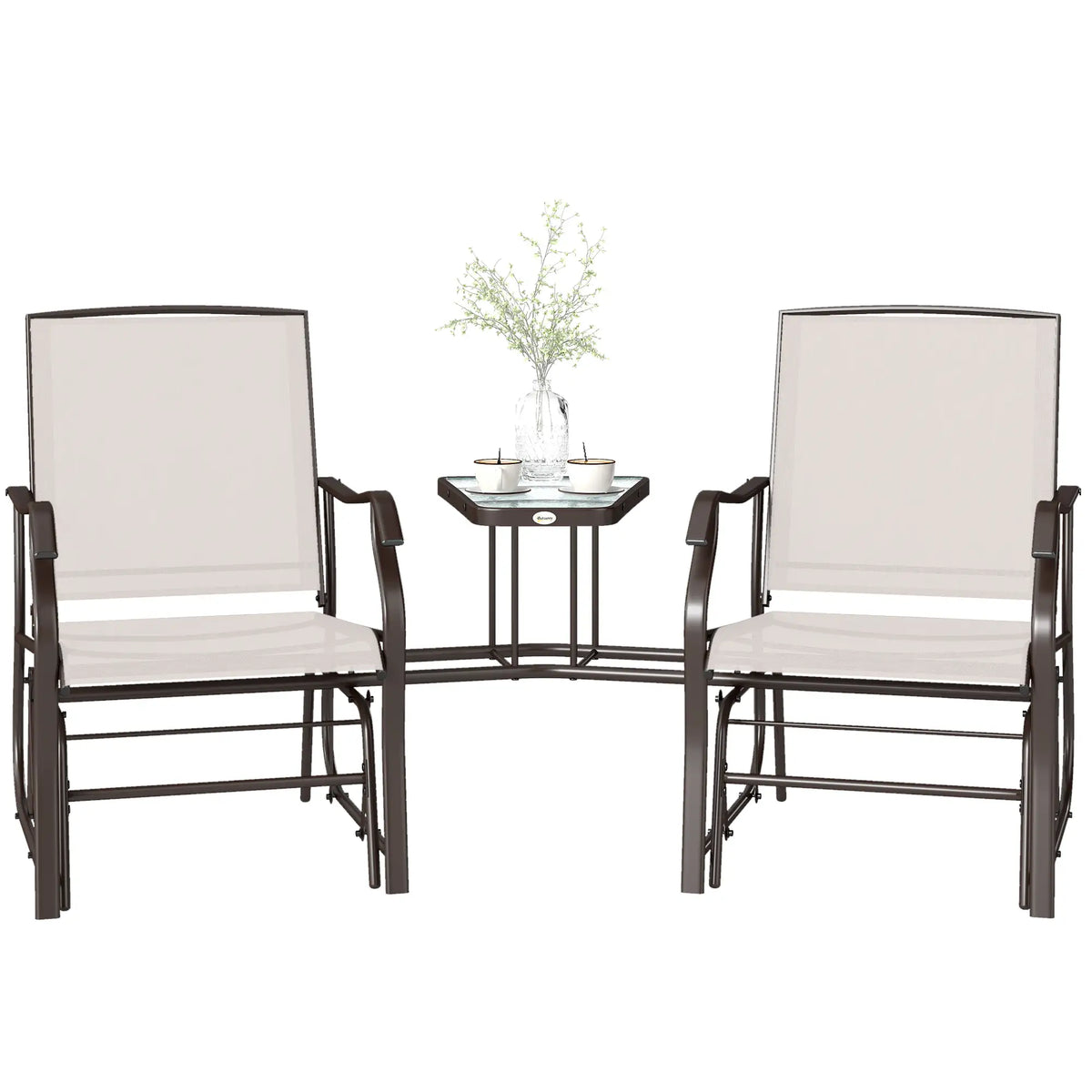 Double Patio Glider Chair With Glass Top Table, Beige