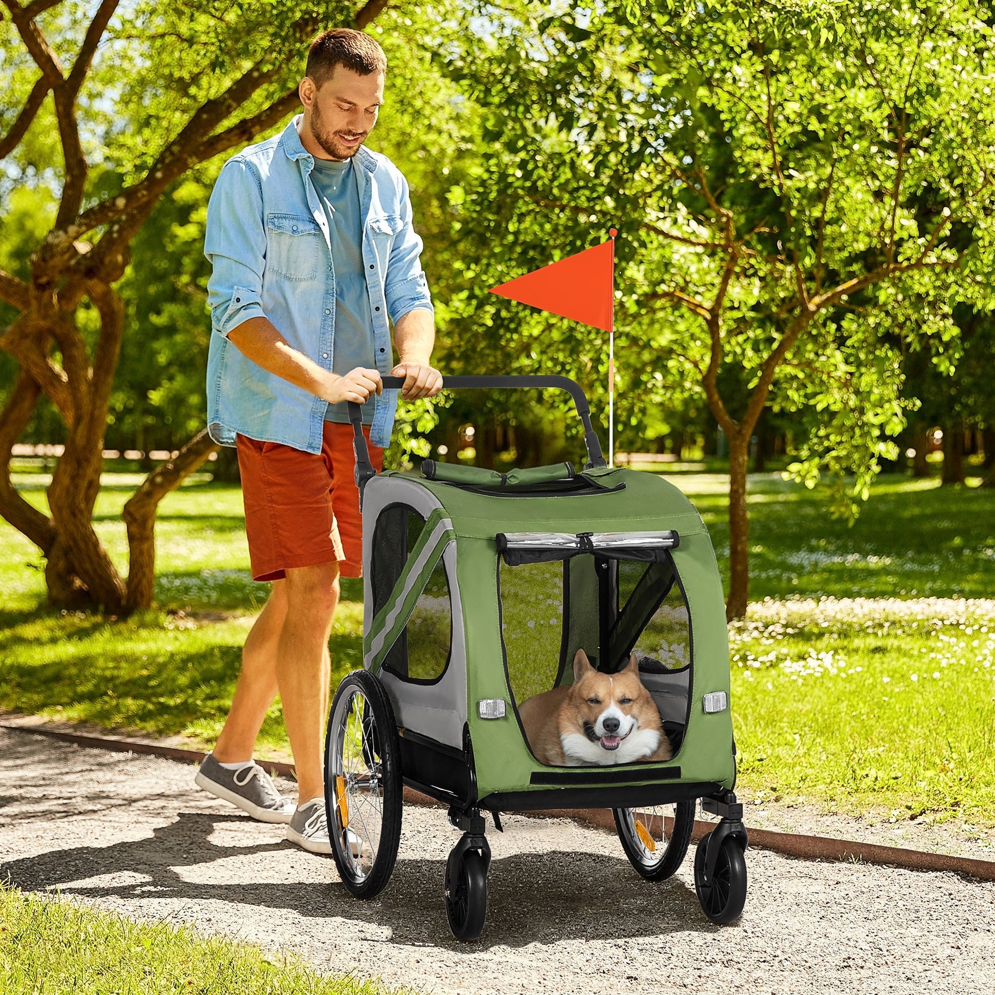 Dog Bike Trailer, 2-in-1 Dog Wagon Pet Stroller for Travel with Universal Wheel Reflectors Flag, for Small and Medium Dogs, Green at Gallery Canada