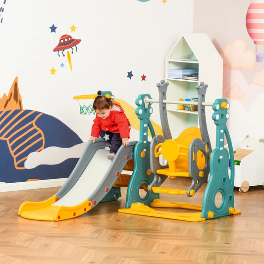 4-in-1 Kids Slide, Swing Set, Basketball Hoop, Adjustable Seat Gym Sets & Swings Blue, Grey, Yellow at Gallery Canada