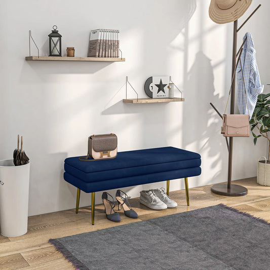 Velvet Upholstered Bench, Thick Padded Seat, Steel Legs, Dark Blue Storage Ottomans & Benches Dark Blue at Gallery Canada