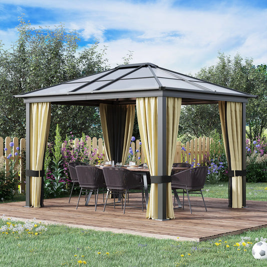10' x 12' Hard Top Gazebo, Waterproof Canopy, Sun Shelter, Mosquito Netting Gazebos Beige & Brown at Gallery Canada