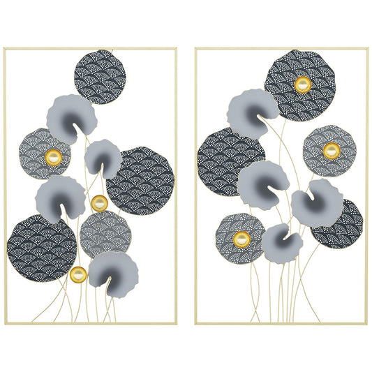3D Metal Wall Art Set of 2 Modern Lotus Leaves Hanging Wall Sculpture Home Decor for Living Room Bedroom Kitchen 20"x32", Grey and Gold - Gallery Canada