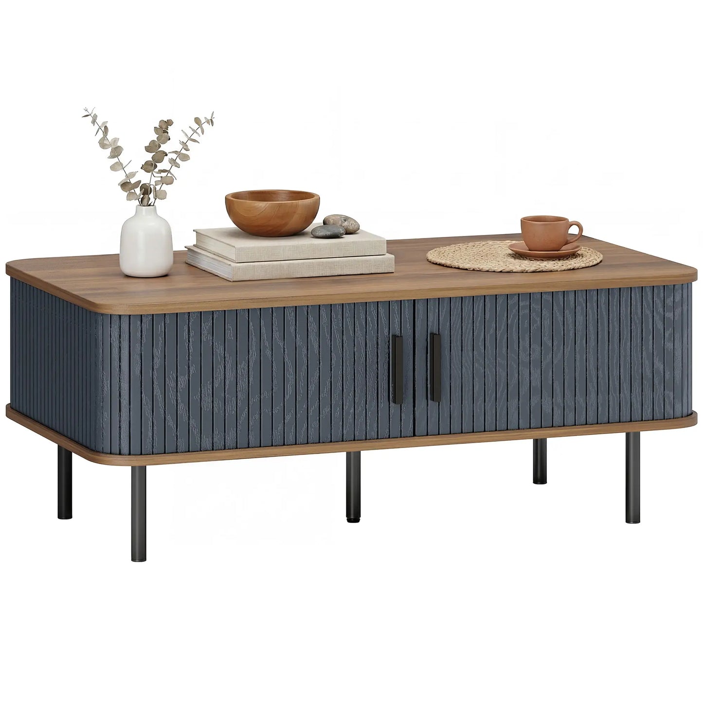 Nordic Side Table with Fluted Tambour Sliding Doors and Steel Legs, Coffee Table with Storage for Living Room, Black Coffee Tables at Gallery Canada