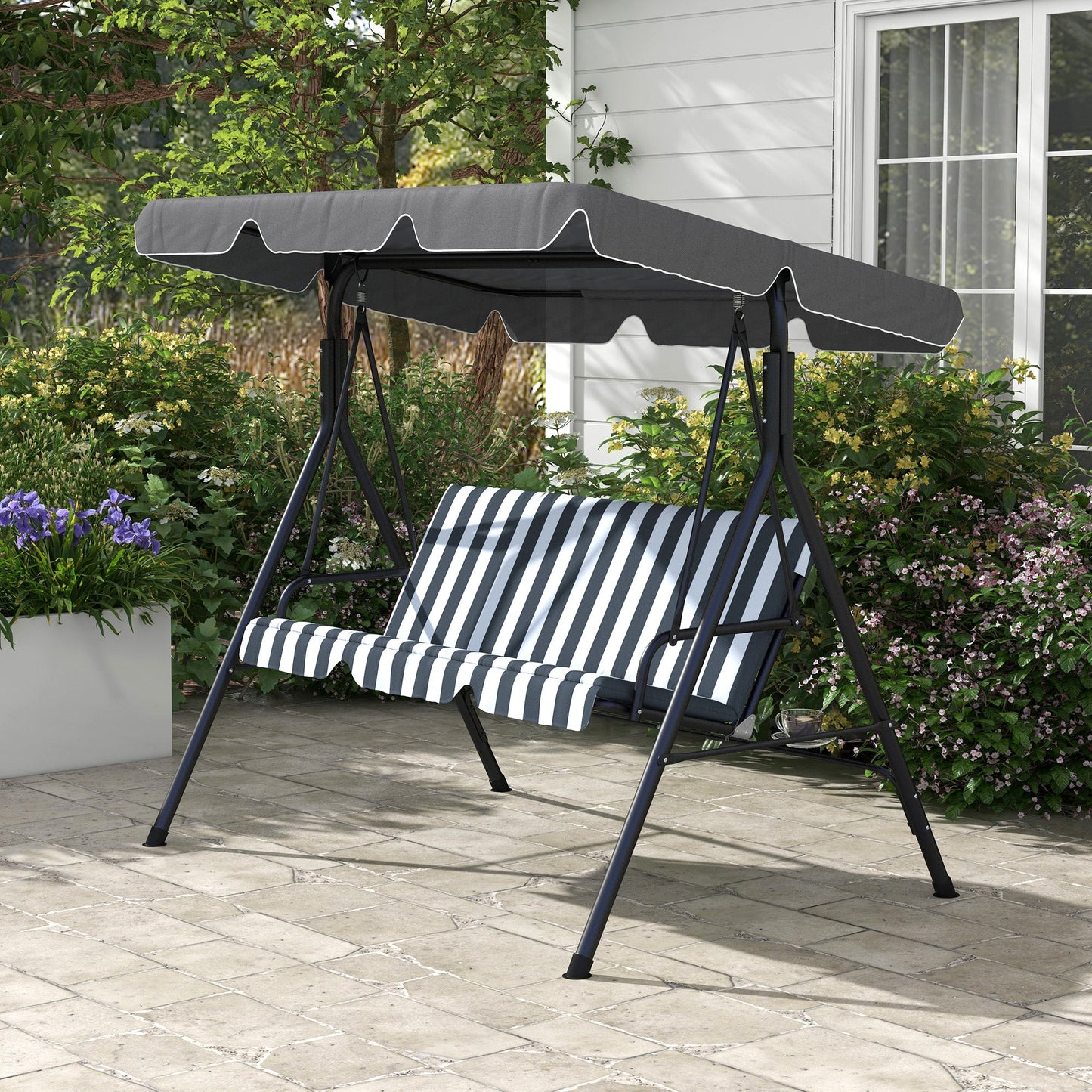 3-Seater Outdoor Porch Swing with Adjustable Canopy, Patio Swing Chair for Garden, Poolside, Backyard, Grey and White at Gallery Canada