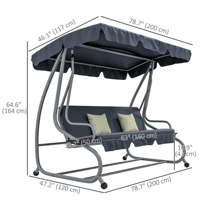 3-Seat Outdoor Patio Swing Canopy Chair, Converting Flat Bed with Adjustable Shade, Cushions, Cup Holder, Dark Grey at Gallery Canada