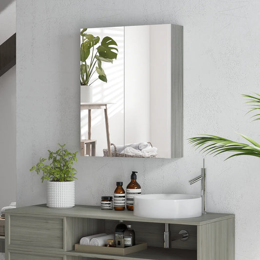 Wall Mount Mirrored Medicine Cabinet, Adjustable Shelf, Double Soft Closing Doors, Grey Mirror Medicine Cabinets Grey at Gallery Canada