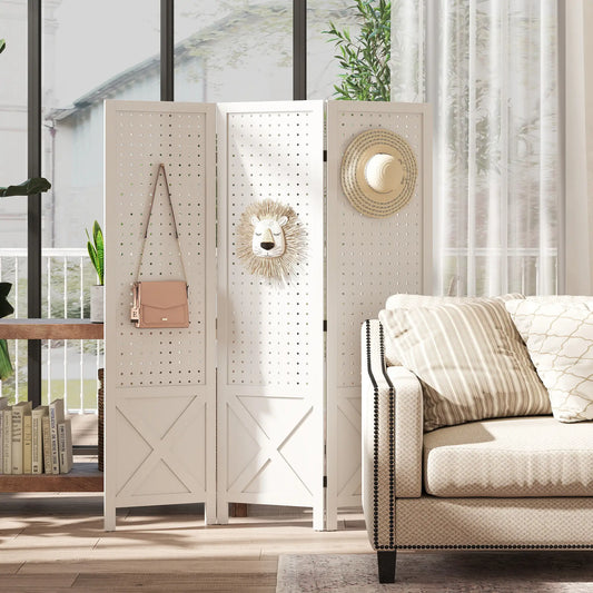 56.9" 3 Panel Wooden Room Divider With Pegboard Display, White Room Dividers White at Gallery Canada