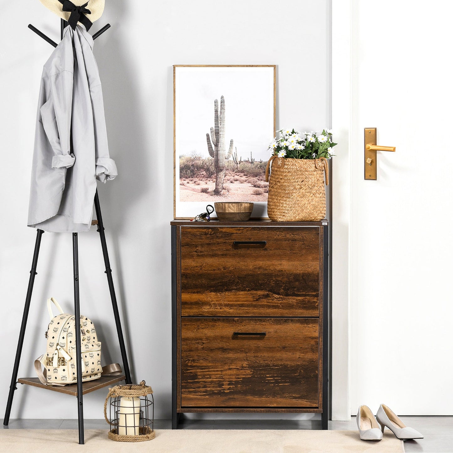 Shoe Cabinet with 2 Flip Doors, Slim 2-Drawer Shoe Cupboard with Divider and Open Compartment for 12 Pairs of Shoes, Entryway Storage Unit, Rustic Brown at Gallery Canada