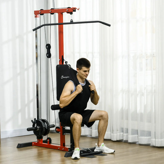Lat Pull Down Machine, High Low Pulley, Adjustable Seat, Flip-Up Footplate, Red Power Towers Red, Black at Gallery Canada