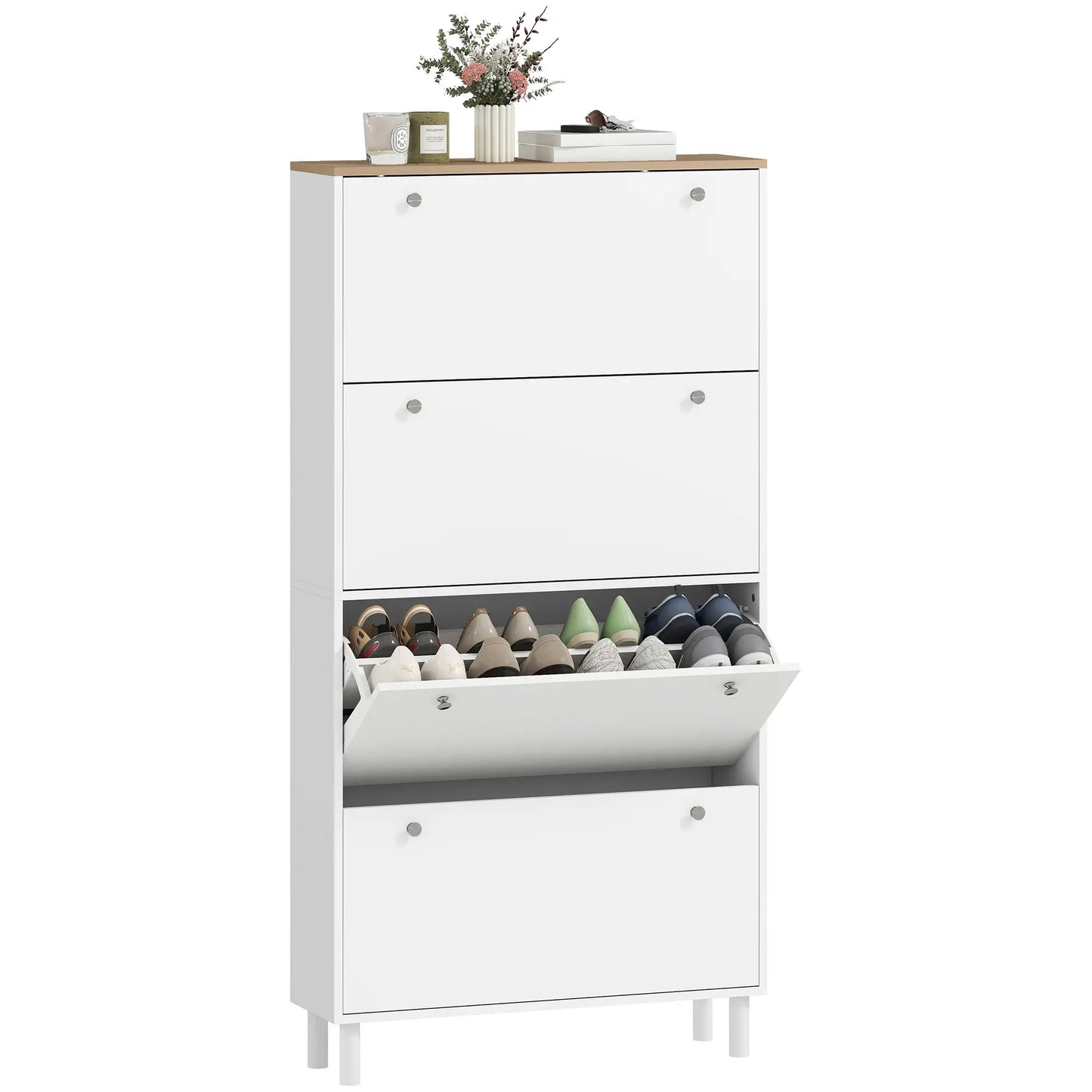 Narrow Shoe Cabinet, 4 Flip Drawers, Adjustable Shelves, Holds 24-32 Pairs, White Shoe Storage Cabinets & Racks at Gallery Canada