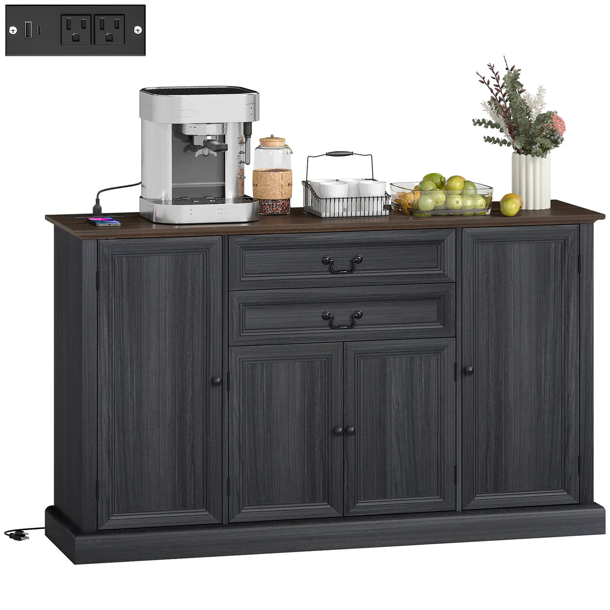 Farmhouse Sideboard with Charging Station, 58 Inch Buffet Cabinet, 2 Soft Close Drawers, Black Storage Cabinets at Gallery Canada