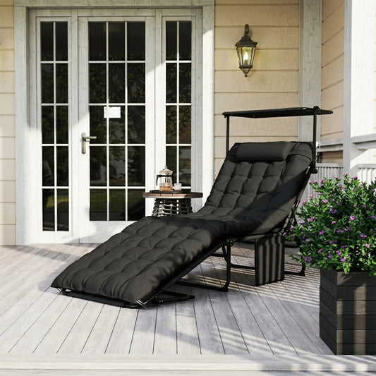 Folding Lounge Chair With Adjustable Canopy, 4-Position Tanning Chair, Black Lounger Chairs Black at Gallery Canada