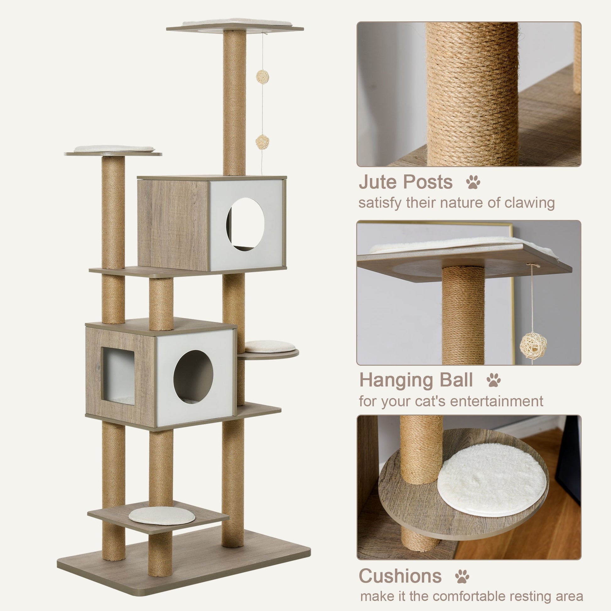 69.75" Wood Cat Tree, Cat Condo Tower with Scratching Post, Toy Ball for Indoor Cats, Light Grey at Gallery Canada