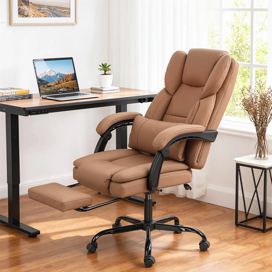 Chaise de bureau avec massage, simili cuir, support lombaire, repose-pieds, marron
