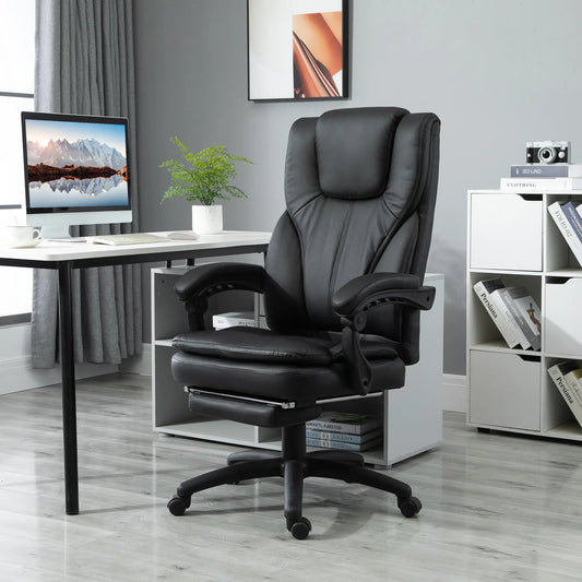 Chaise de bureau à haut dossier, Massage par vibration à 6 points, Inclinable, Pivotant à 360°, Réglable en hauteur, Repose-pieds escamotable