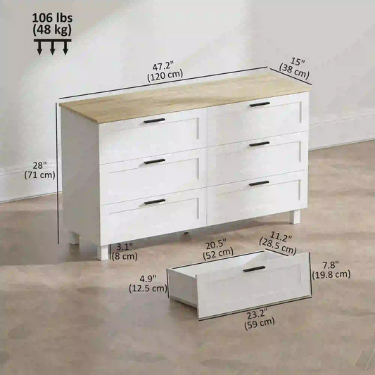 47 Inch Wide Chest of Drawers, Modern Dresser with 6 Drawers, White Storage Cabinets White Wood Grain, Natural at Gallery Canada
