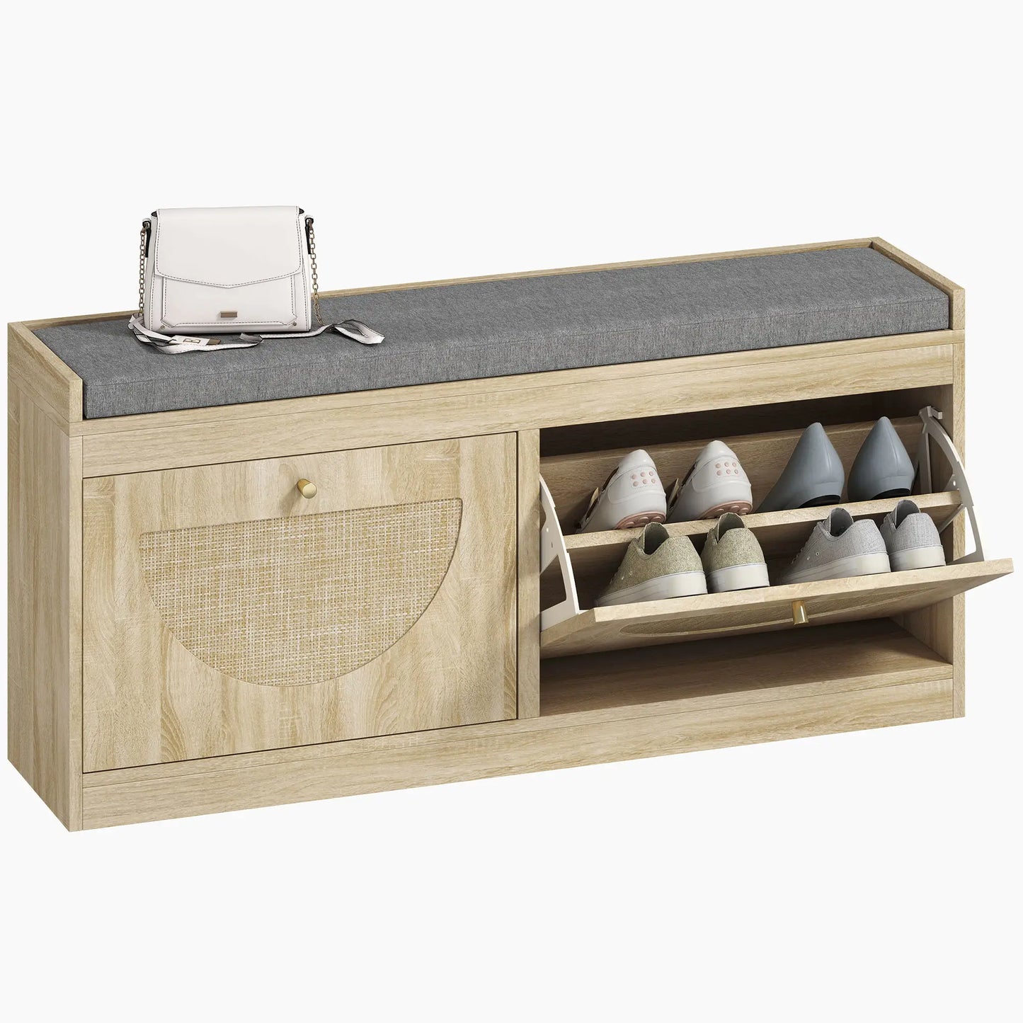 Shoe Bench with Flip Doors, Seat Cushion, Adjustable Shelves, Natural Wood Shoe Storage Cabinets & Racks at Gallery Canada