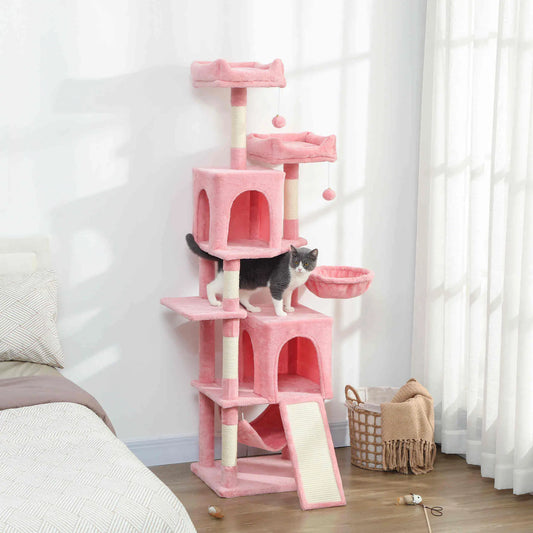 Cat Tree, 70 Inch Multi-Level Tower with Condos, Perches, Hammock, Pink Cat Towers Pink, Beige at Gallery Canada