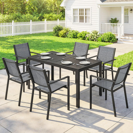 Outdoor Dining Set For 6, Black Metal Patio Table, Mesh Stackable Chairs, Black Outdoor Dining Sets Black at Gallery Canada