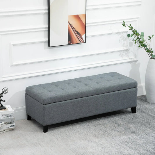 Rectangular Entry Bench, Tufted Upholstered Linen, Wood Feet, Grey Storage Ottomans & Benches Grey at Gallery Canada