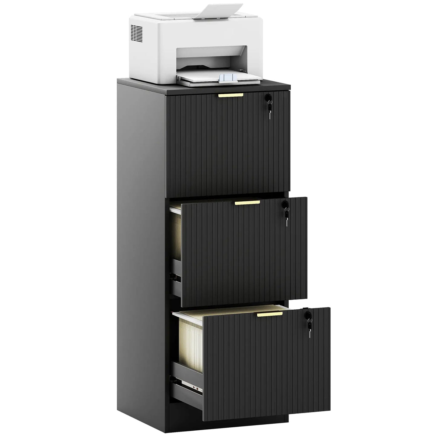 Lockable Filing Cabinet, 3 Fluted Drawers, Adjustable Hanging Rails, Black Office Cabinets & Cupboards at Gallery Canada