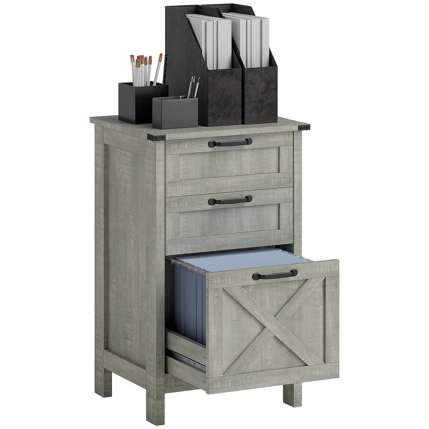 Vertical 3-Drawer Filing Cabinet, Rustic Farmhouse, A4 Letter Size, Stone Grey Office Cabinets & Cupboards at Gallery Canada