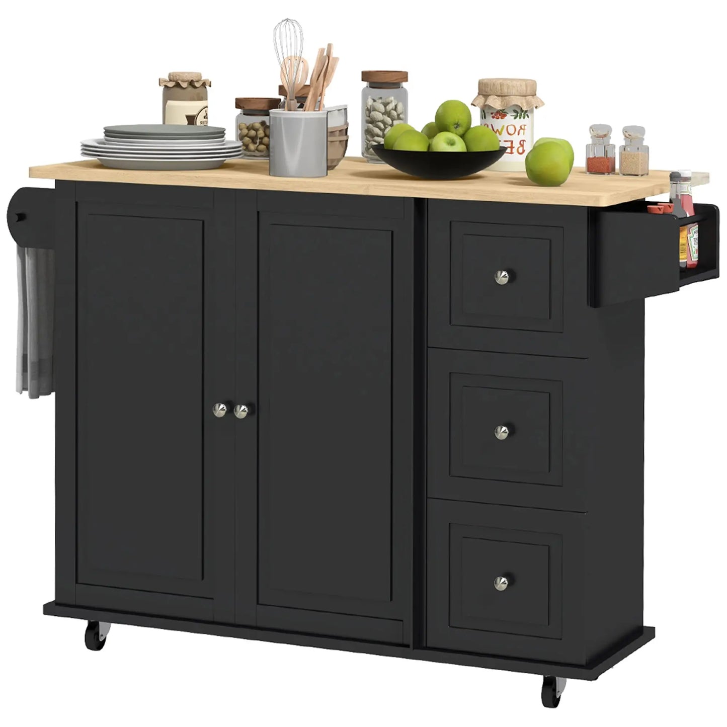 Kitchen Island on Wheels, Drop Leaf Cart with Drawers, Black