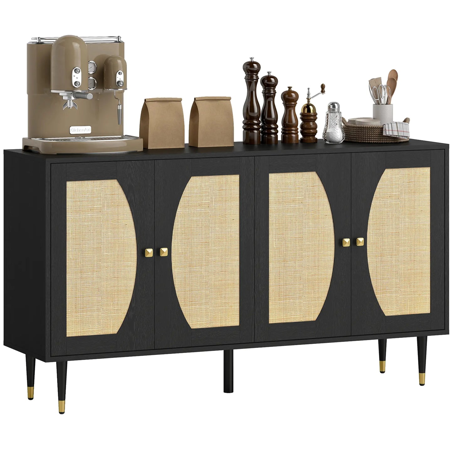 55" Sideboard Buffet Cabinet, Boho Storage With Adjustable Shelves, Black Storage Cabinets at Gallery Canada