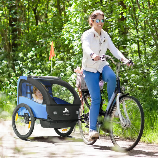 2 Seat Bike Trailer, 20" Wheels, Kids Stroller With Storage, Blue Kids Bike Trailers Blue, Black at Gallery Canada