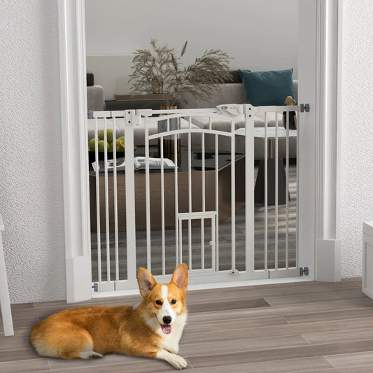 Auto-Close Pet Gate With Cat Door, Double Locking, Fits 29"-39.4" Wide, White Houses, Kennels & Pens White at Gallery Canada