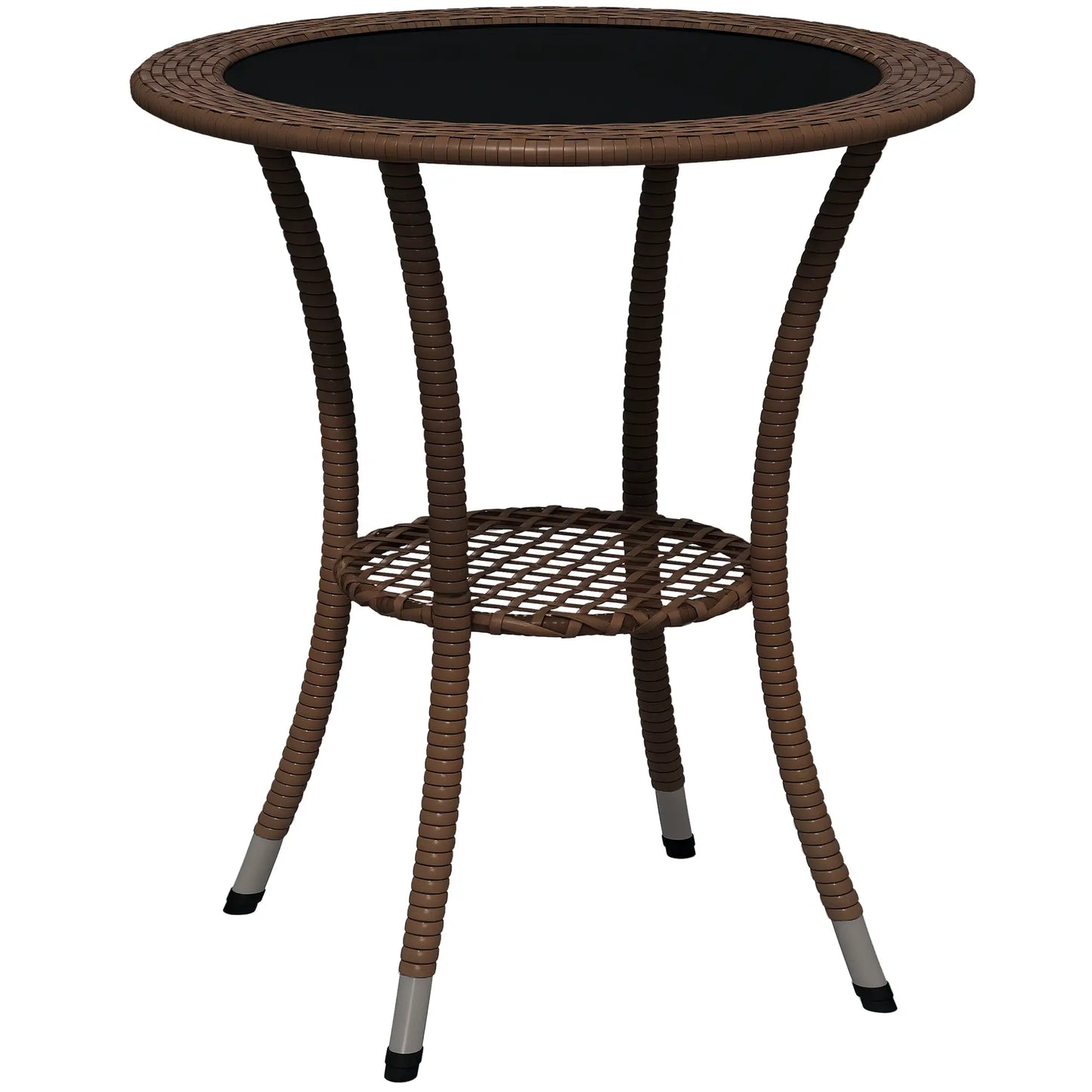 Outdoor Rattan Dining Table, Round Wicker Coffee Table with 2-Tier Shelf, Brown Patio Dinning Tables at Gallery Canada