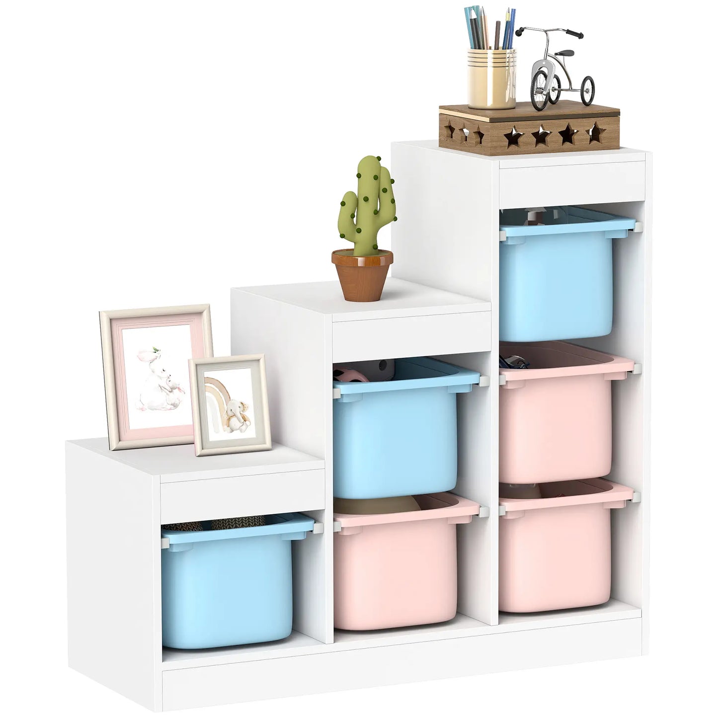 3 Layer Toy Storage Organizer, Kids Bookshelf, 6 Plastic Bins, Blue & Pink Baby & Kids Storage at Gallery Canada