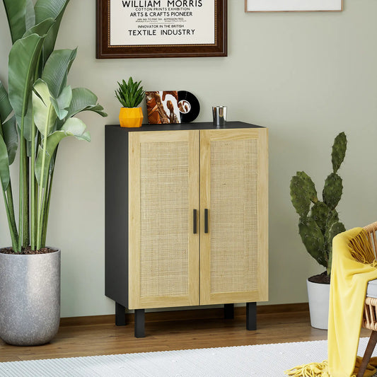 Boho Sideboard, Buffet Cabinet with Storage, 2 Rattan Doors, Black