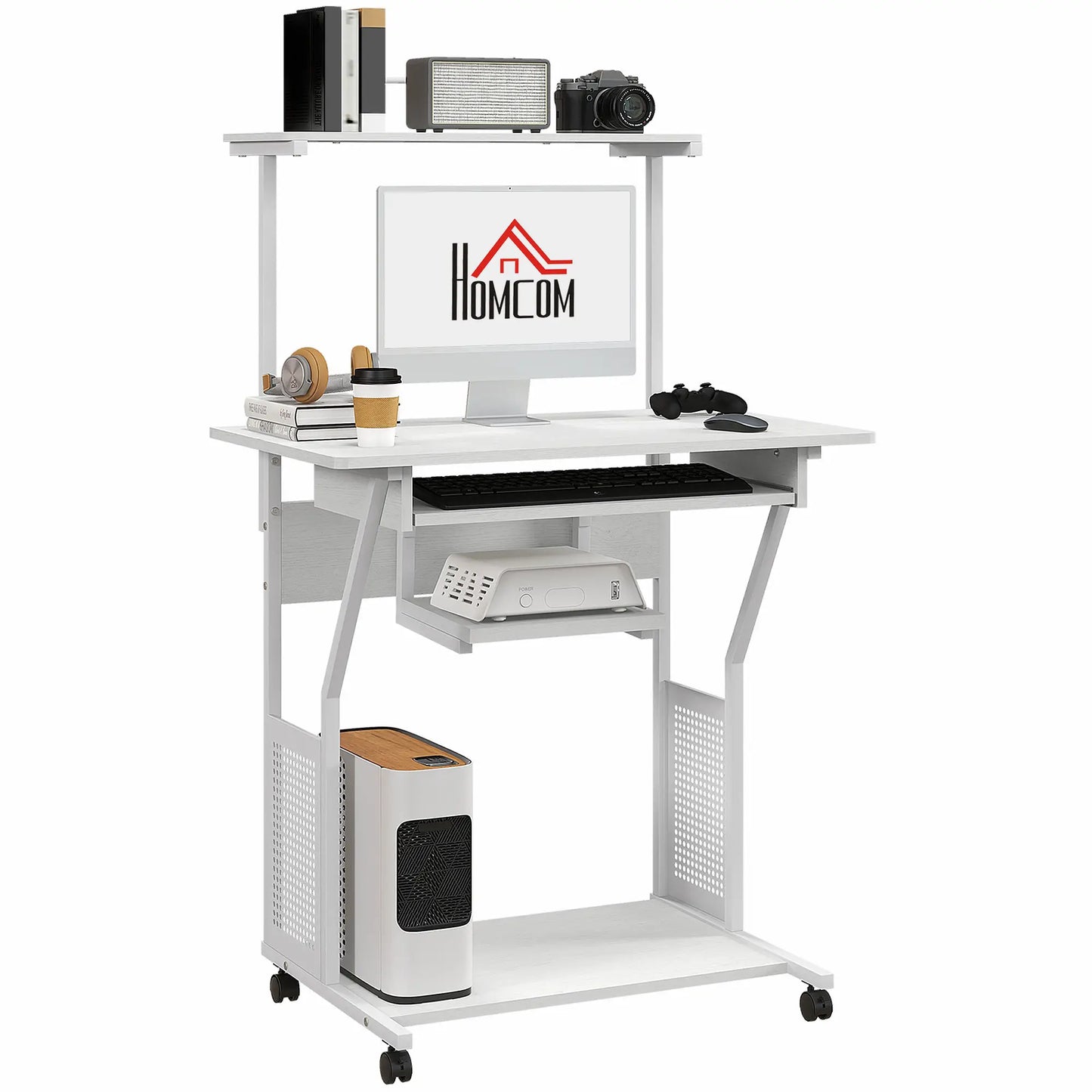 32" Mobile Computer Table, Rolling Study Desk with Keyboard Tray, White Computer Desks at Gallery Canada