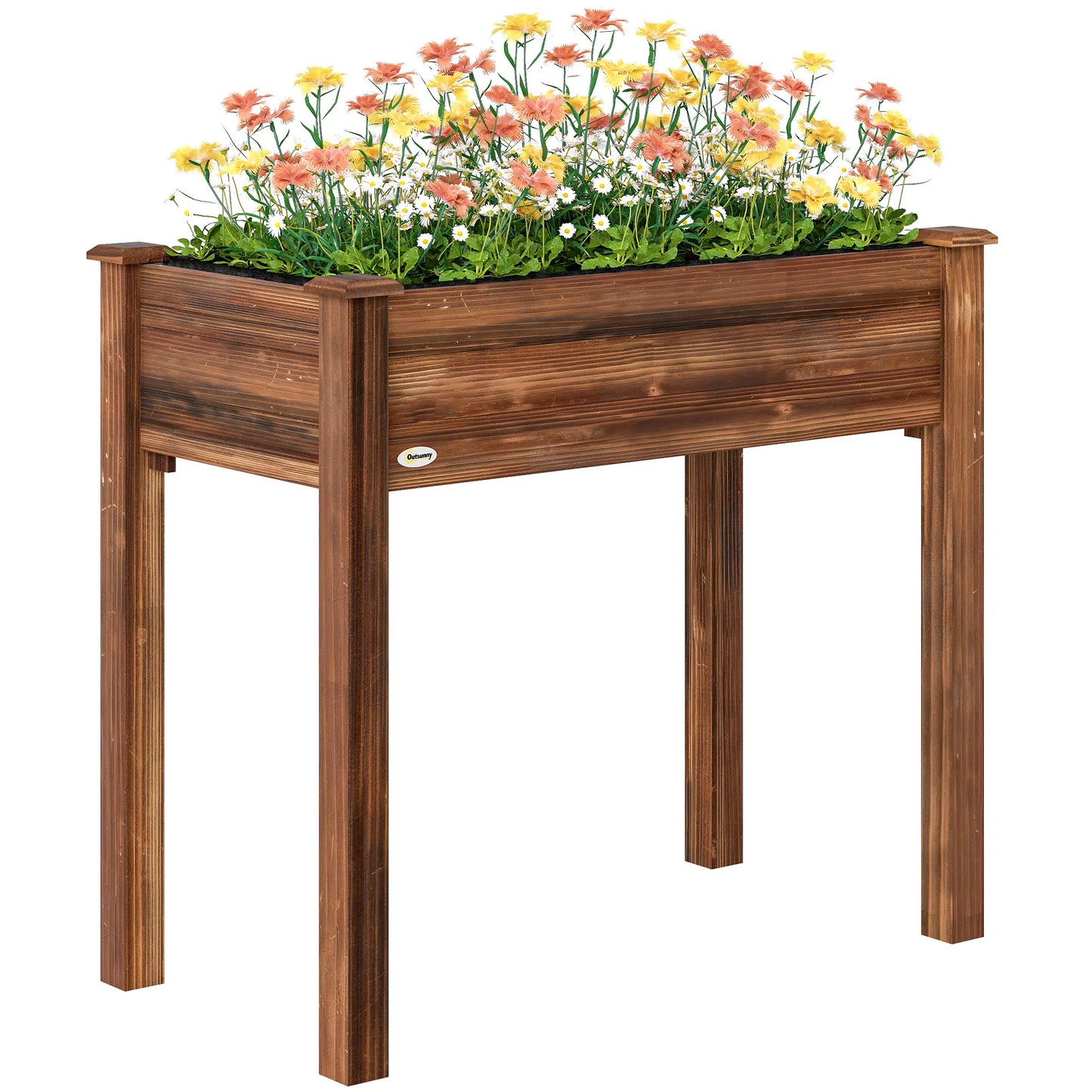 34" x 18" x 30" Wooden Raised Garden Bed Planter, Elevated With Legs, Carbonized