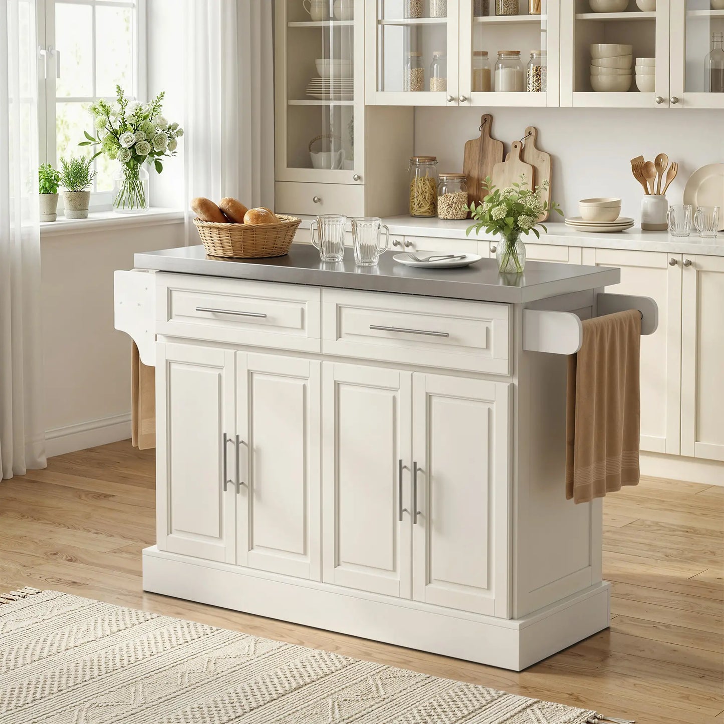 Rolling Kitchen Island with Storage, Stainless Steel Top, Drawers, Cream Kitchen Islands & Kitchen Carts at Gallery Canada