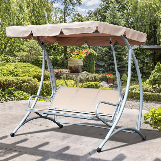 3 Seat Metal Swing Chair Hammock, Canopy Cover, Heavy Duty, Patio Garden Outdoor, Beige Patio Swings with Stand Beige at Gallery Canada