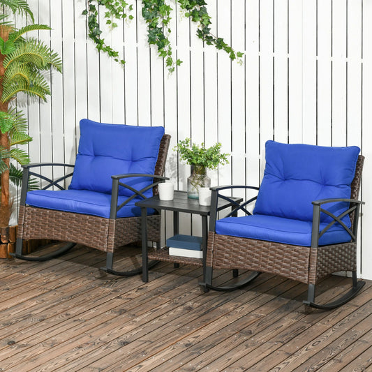 3 Pcs PE Rattan Rocking Chair Set, Bistro Set with Table, Dark Blue Outdoor Rocking Chairs Dark Blue Cushion, Brown PE Rattan, Black Frame at Gallery Canada