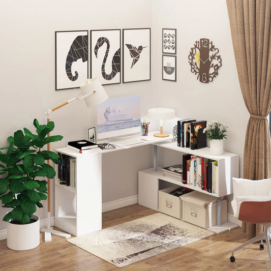 55" Corner Computer Desk, 360° Rotating L-Shaped, White Writing Desks White Wood Grain at Gallery Canada