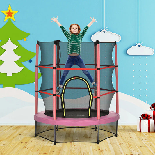 55" Trampoline pour enfants avec filet d'enclos, intérieur/extérieur, rose