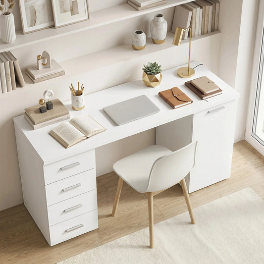 140 cm Computer Desk, Adjustable Shelf, Drawers, Cabinet, White Wood Grain, White Computer Desks White Wood Grain at Gallery Canada