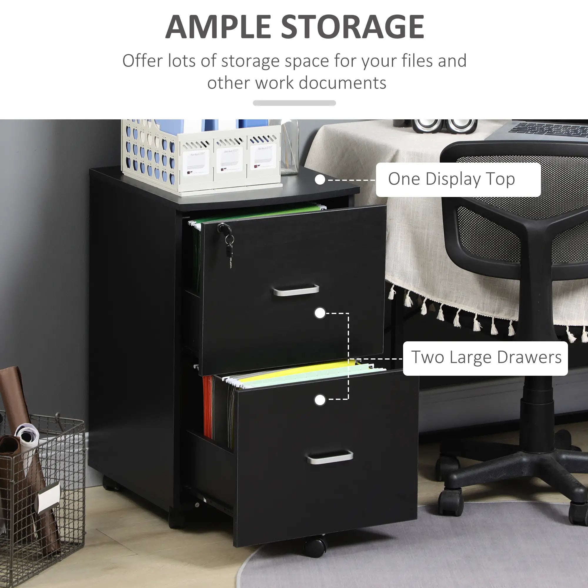 2 Drawer Mobile File Cabinet, Wood Office Filing Cabinet with Lock, Letter and A4 Size, Black Office Cabinets & Cupboards at Gallery Canada