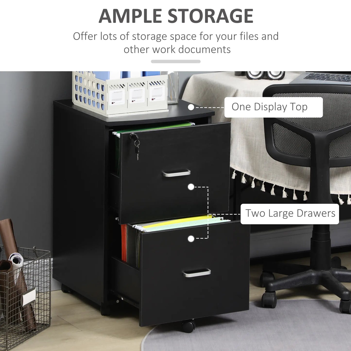 2 Drawer Mobile File Cabinet, Wood Office Filing Cabinet with Lock, Letter and A4 Size, Black Office Cabinets & Cupboards at Gallery Canada