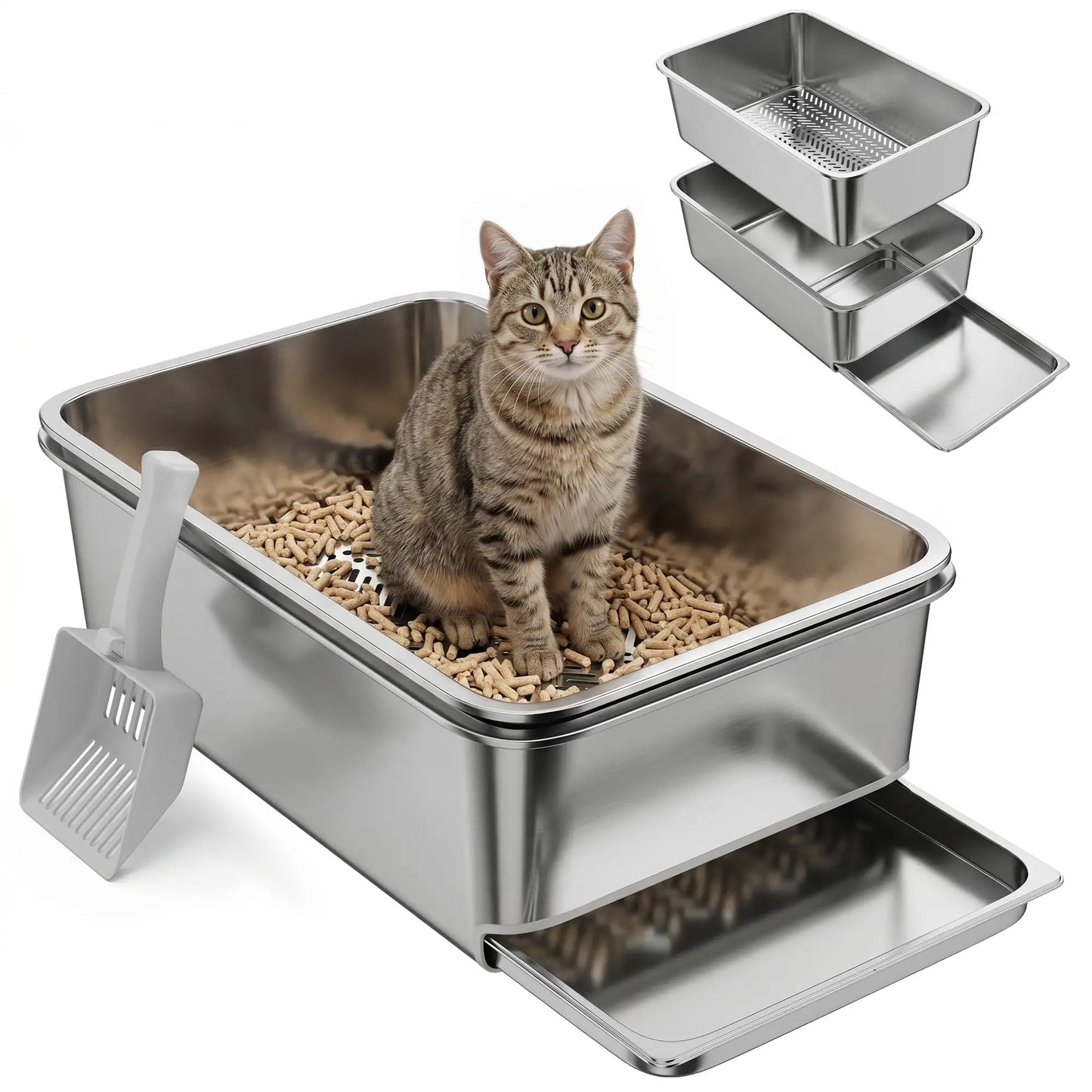 Stainless Steel Litter Box, XL Sifting Cat Litter Box for Medium and Large Cat, Non-Sticky, Odour Free, Easy Clean Cat Litter Box Enclosures at Gallery Canada